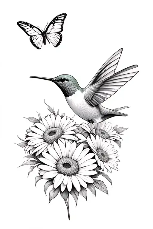 Hummingbird And Gerber Daisies With Butterflies