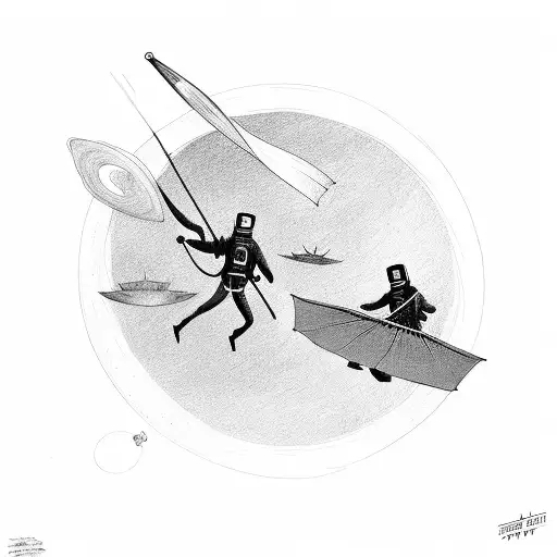 3 Men Floating Off Into Space Each Holding An Umbrella