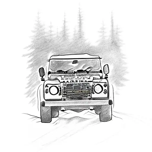 A Sketch-style Tattoo Of A Land Rover Defender Driving Through A Forest