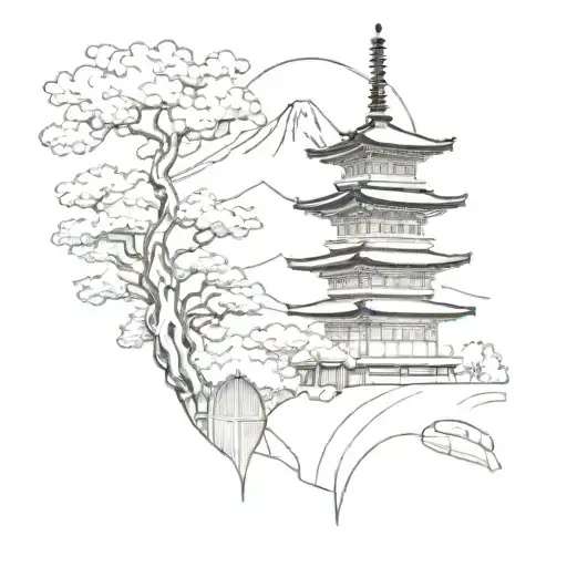 A 6 Floors Pagoda With Mount Fuji On The Background