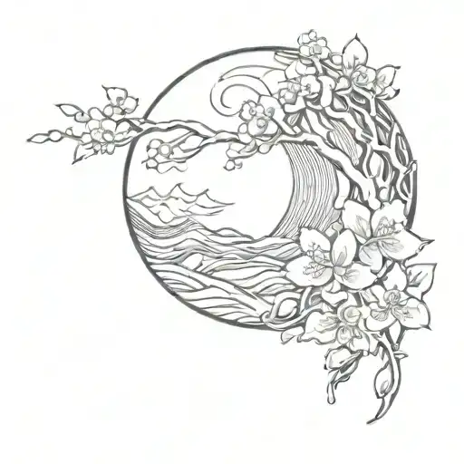 Moon Cherry Blossoms Water Waves