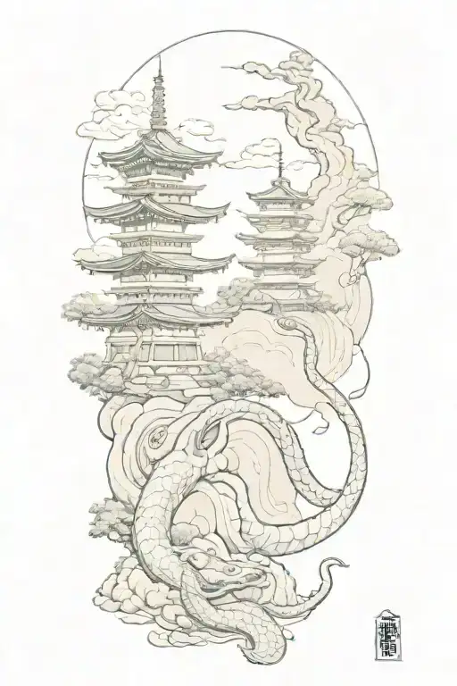A Japanese Landscape Where There Are Pagodas Sitting On A Snake