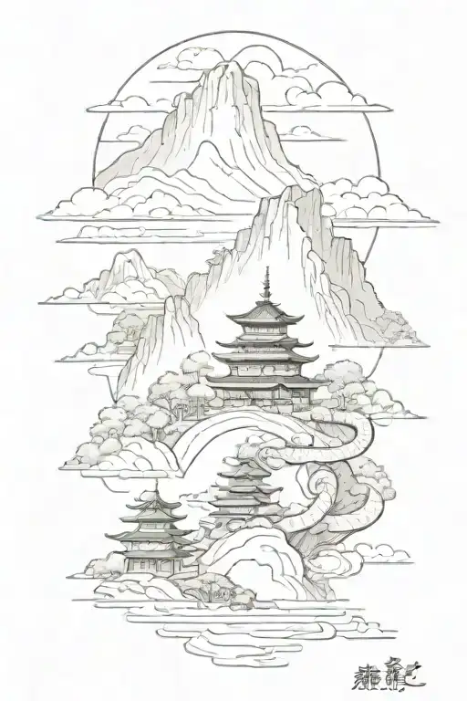 A Japanese Landscape Where There Are Pagodas Sitting On A Mountain-like Snake
