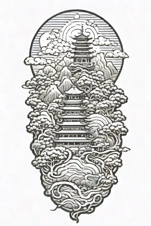 A Japanese Landscape Where There Are Pagodas Sitting On A Mountain-like Snake