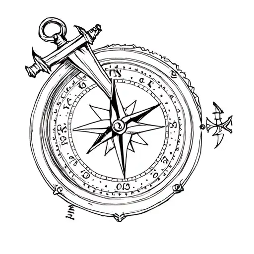 A Compass Overlapping A Clock With A Anchor And A Sword Going Through It