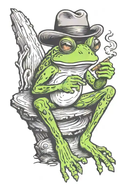 Frog Sitting On A Log Fishing Smoking A Joint