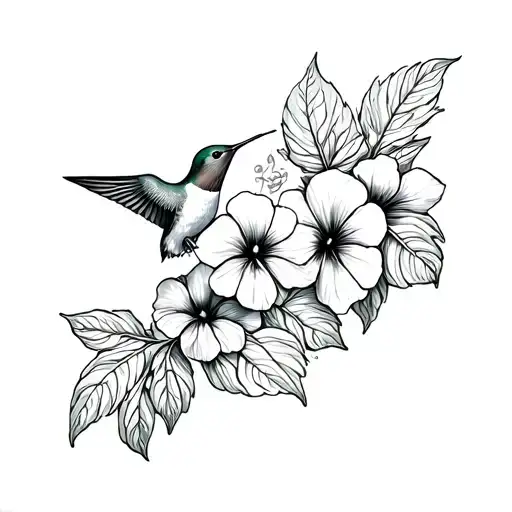 Swiss Cheese Monstera Leaves And Petunias And Cherry Lossoms And Hummingbird