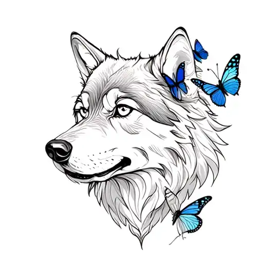 Wolf Head With Butterflies Surrounded