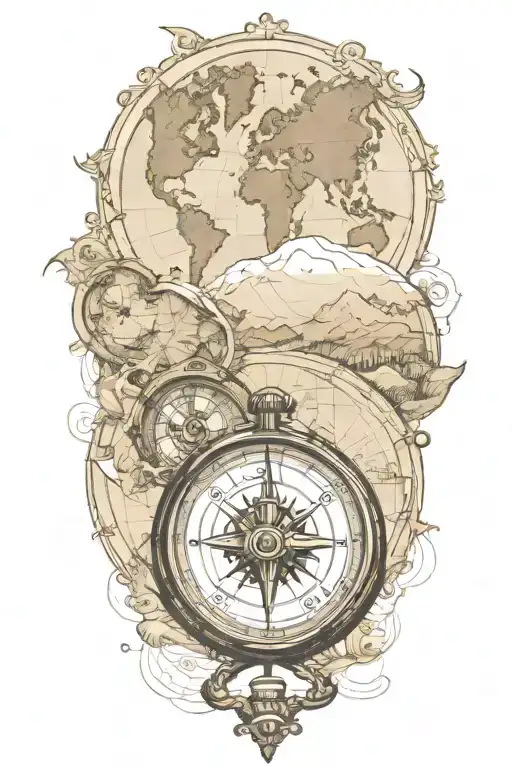 Compass And Pocket Watch Over World Map Outline