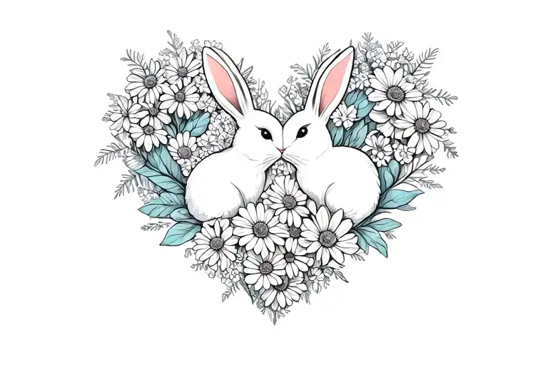 2 Bunnies In Flowers In The Heart Symbolizing Love