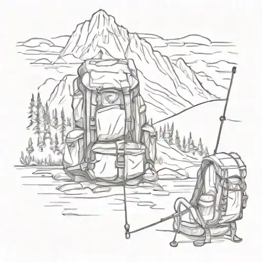 A Sketch Of A Mountain Landscape With A Backpack And Fishing Rod