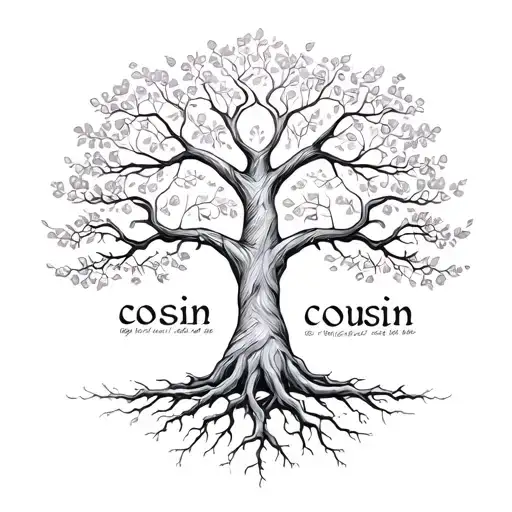 A Sketch Style Tattoo Of A Family Tree With Roots Intertwining To Form The Word 'Cousin'