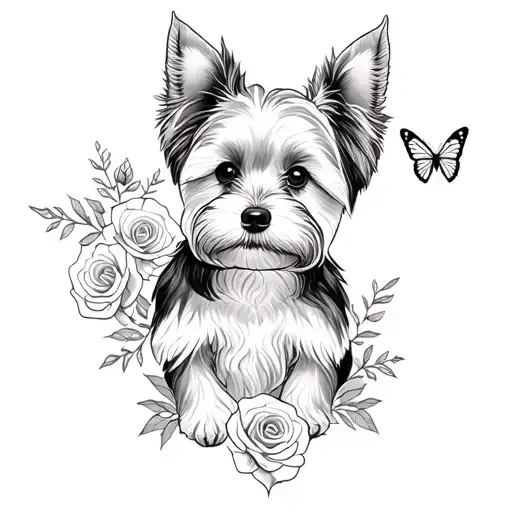 A Sketch Style Tattoo Of A Yorkie Dog Sitting On A Mountain Peak Surrounded By Roses And Butterflies