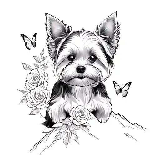 A Sketch Style Tattoo Of A Yorkie Dog Sitting On A Mountain Peak Surrounded By Roses And Butterflies