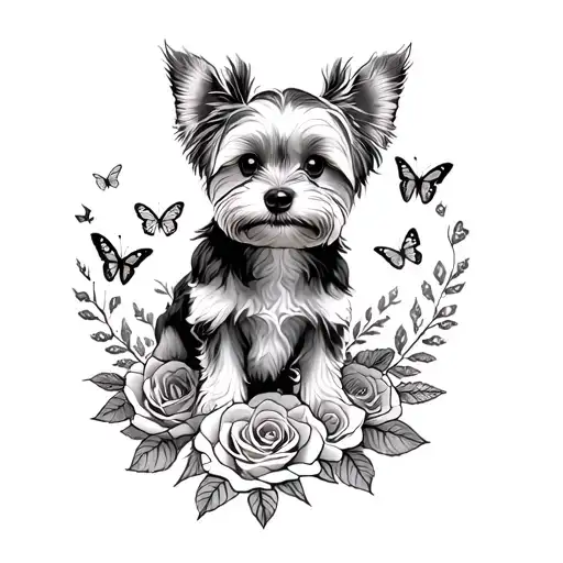 A Sketch Style Tattoo Of A Yorkie Dog Sitting On A Mountain Peak Surrounded By Roses And Butterflies
