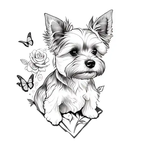 A Sketch Style Tattoo Of A Yorkie Dog Sitting On A Mountain Peak Surrounded By Roses And Butterflies