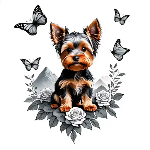 A Sketch Style Tattoo Of A Yorkie Dog Sitting On A Mountain Peak Surrounded By Roses And Butterflies