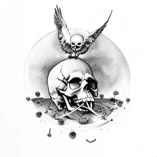 Memento Mori With A Skull And Crows Pecking