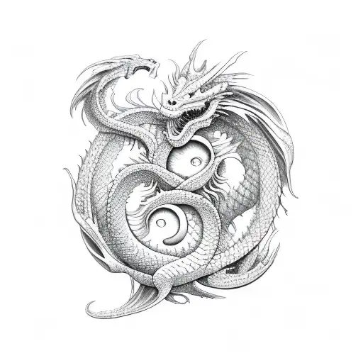Vertical Composition Dragon Japaneese With Ying And Yang
