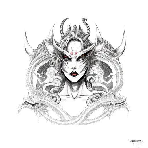 Demoness Head With A Sword With 2 Snakes Wrapping The Sword