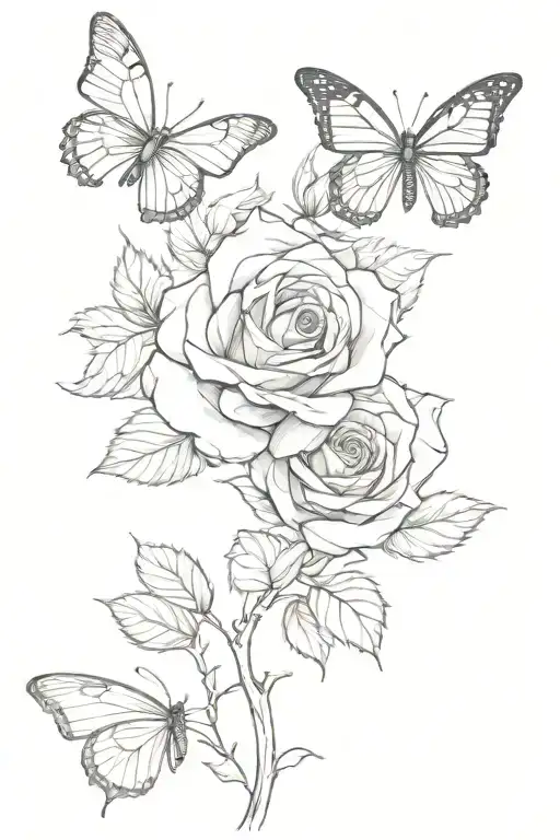 Rose With Stem And Butterflies Flying