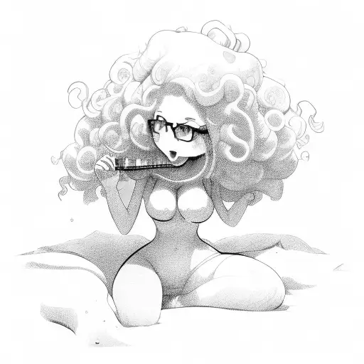 Plump Girl With Curly Hair And Guitar Between Legs