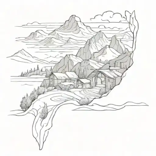 Sketch Of A Mountain Landscape With Architectural Elements Incorporated Into The Design