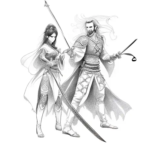 A Detailed Sketch Of An Espada And Gueixas Engaged In A Sword Fight