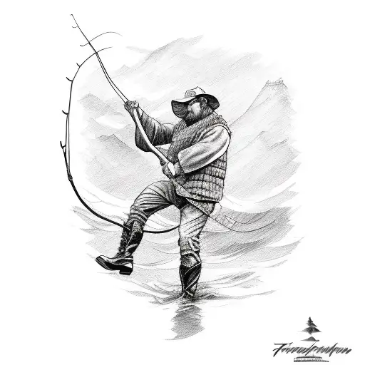 A Sketch-style Tattoo Of A Fisherman Reeling In A Big Catch With A Rugged Mountain Backdrop