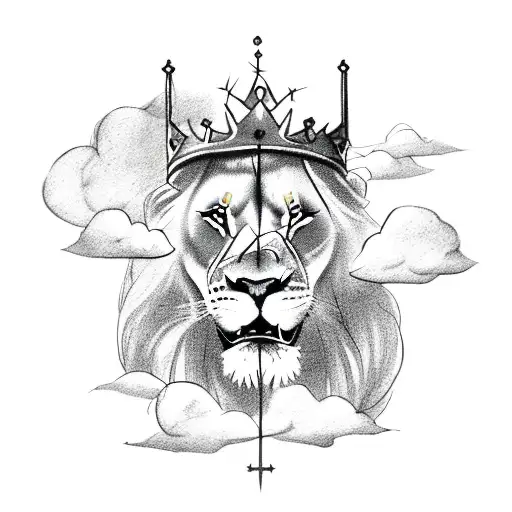 Lion With Crown Of Thorns Sitting On Clouds