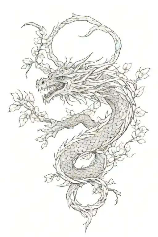 Dragon Wrapped Around Sakura Branch Spine
