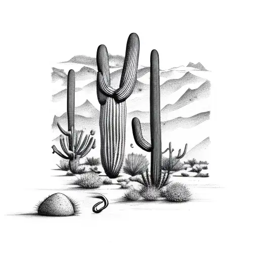 Desert Setting With Saguaro And Small Snake