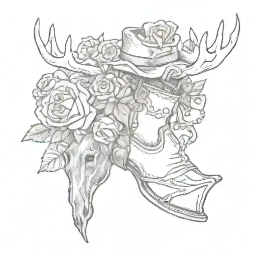 Cow Boy Boot And Moose Antlers And Gun And Roses