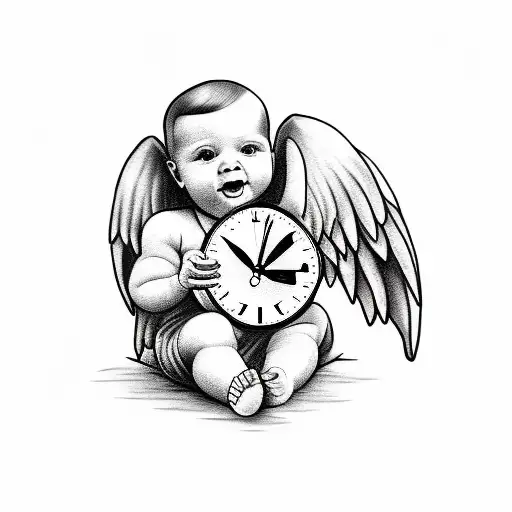 Baby Angel Miscarriage Tattoos With Clock And Flowers With The Name Malak