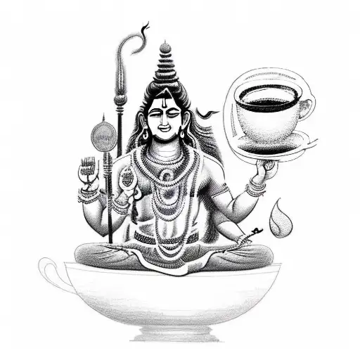 A Detailed Sketch Of Lord Shiva Holding A Coffee Mug With A Backdrop Of Kerala's Scenic Beauty