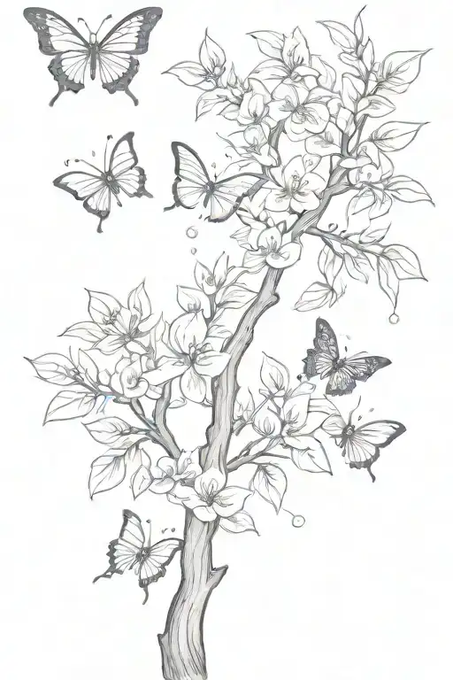 A Peach Tree With Butterflies And Violet Flowers Growing
