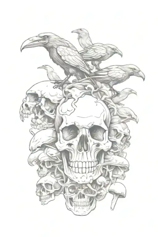 Skull Mushrooms Of Various Types Of Crows On The Skull