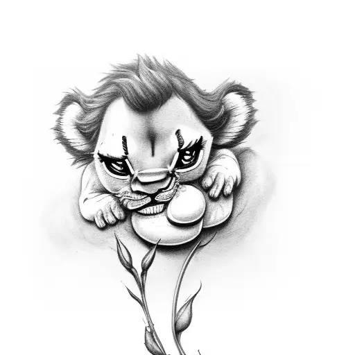 A Baby Simba Cuddling A Rose In A Realistic Style