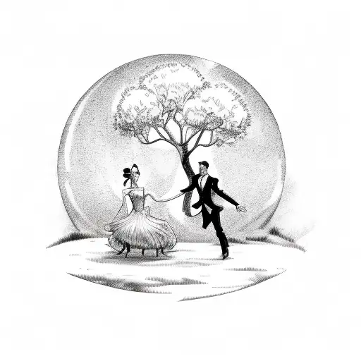 A Man Dancing With A Lady In The Moonlight Under A Tree