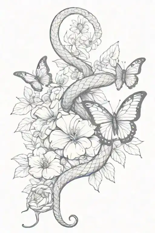 Snake With Flowers And Butterfly Emerging