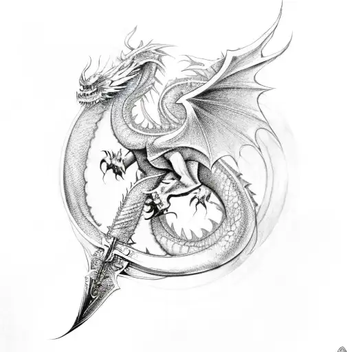 A Sword With A Large Dragon With Wings Behind It