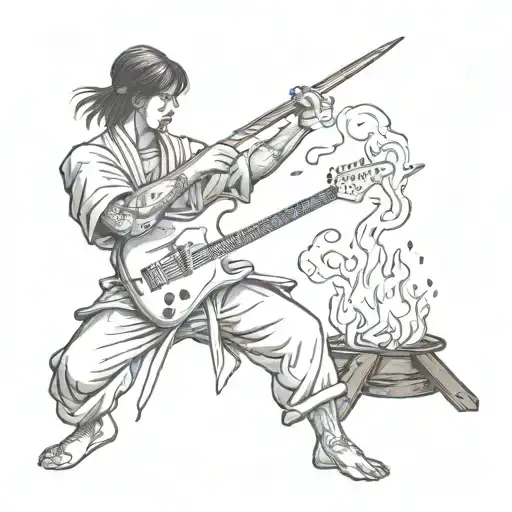 A Dotwork Tattoo Of A Karate Master Playing Guitar By A Campfire With A Katana By Their Side