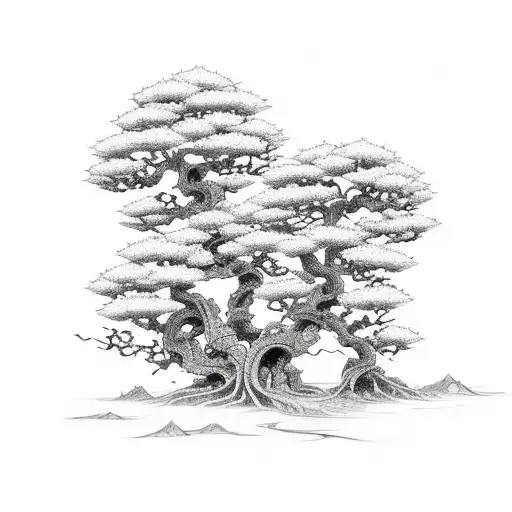 A Sketch-style Tattoo Of A Bonsai Tree Intertwined With Manga-inspired Vines And Flowers