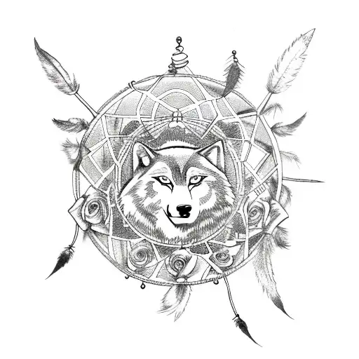 Dream Catcher With Roses And Wolf In The Middle
