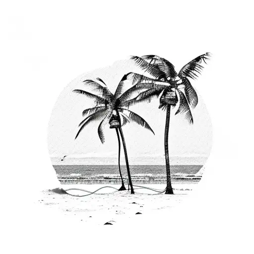 A Beach Scene With Palm Trees And A Spaceship Landing On The Shore