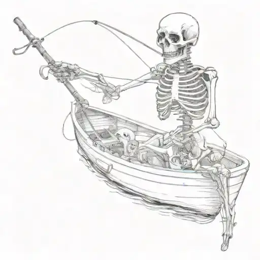 A Skeleton Holding A Fishing Rod On A Boat And Fishing