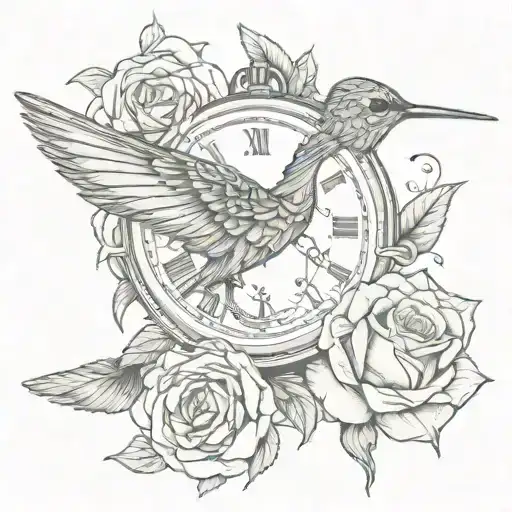 Hummingbird With Pocket Watch And Intertwined Rose