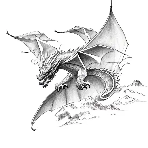 A Sketch Of A Majestic Dragon Soaring Over A Traditional Japanese Landscape