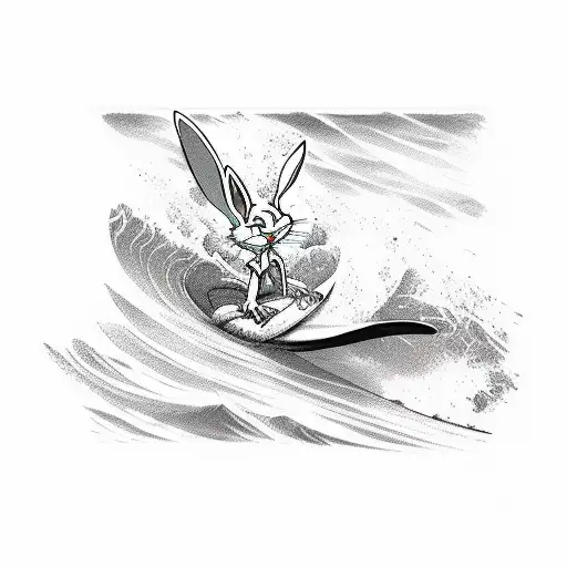 A Sketch-style Tattoo Of Bugs Bunny Surfing A Wave With A Serene Ocean Backdrop