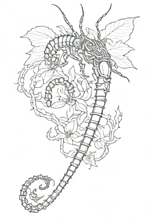 Black And White Centipede Wrapped Around A Red Higanbana Flower